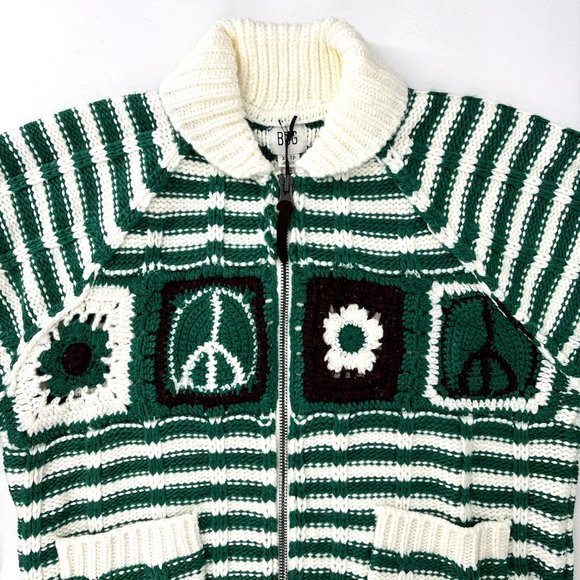 UO BDG Crochet Knit Zip Up Cardigan Sweater Patchwork Green Peace NWT $148 sz XS - Picture 2 of 10